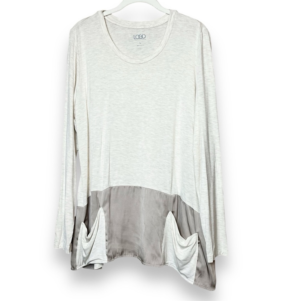 LOGO Lori Goldstein Flowy Tunic Top Large cream beige pockets long sleeve tee